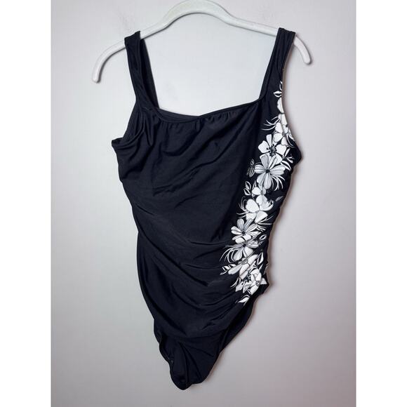 Miraclesuit Black Estilo One Piece Swimsuit White Floral Sz 16 - Picture 1 of 12